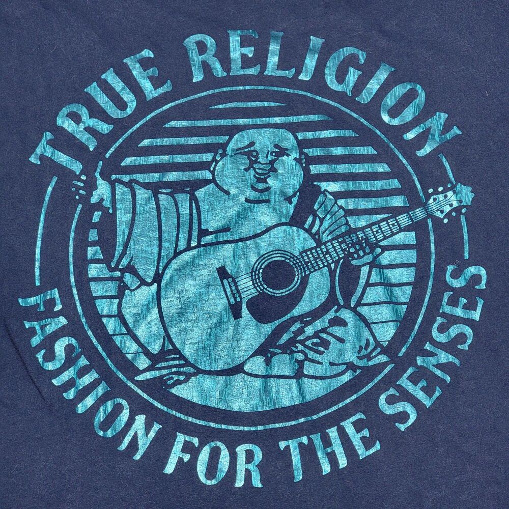 True Religion SS Dark Blue Unisex Tee Shimmer Logo - Size Large